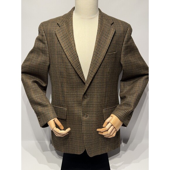 VTG 90s Chaps Ralph Lauren 100% New Wool Brown Houndstooth Blazer Canada Men 40R - Picture 1 of 13